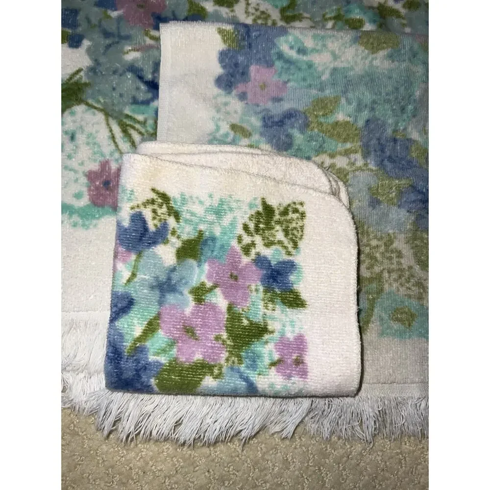 Vtg 70s Lady Pepperell Towel Set Fringed Blue Green Floral Roses Cotton 3 Pc